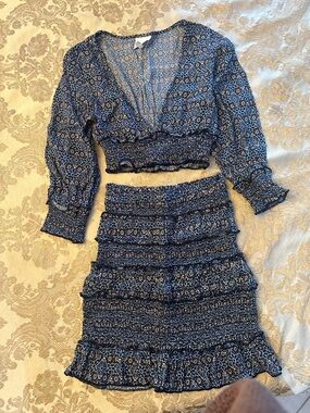 Blue Floral Smocked Mini Skirt set - Women